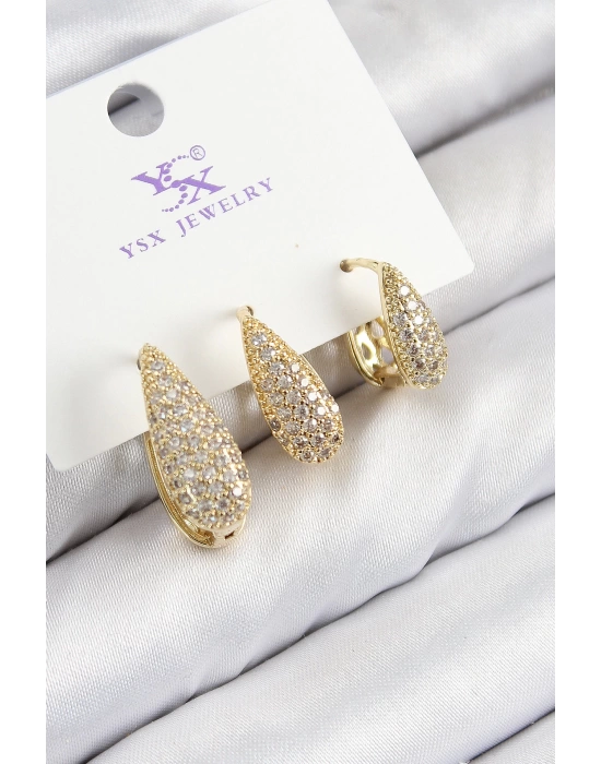 Pirinç Zirkon Taşlı 3lü Damla Model Gold Renk Kadın Küpe