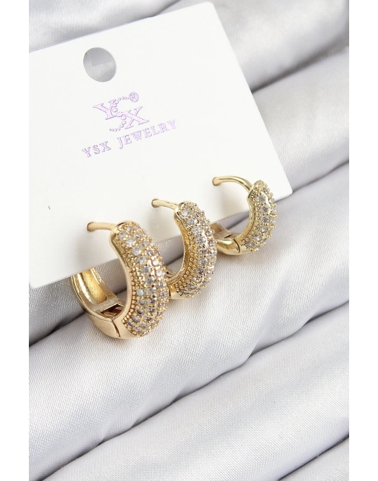 Pirinç Zirkon Taşlı 3lü Halka Model Gold Renk Kadın Küpe