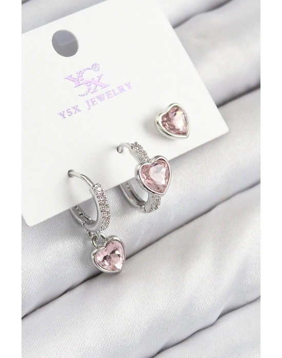 Pirinç Zirkon Taşlı 3lü Pembe Kalp Model Gümüş Renk Kadın Küpe