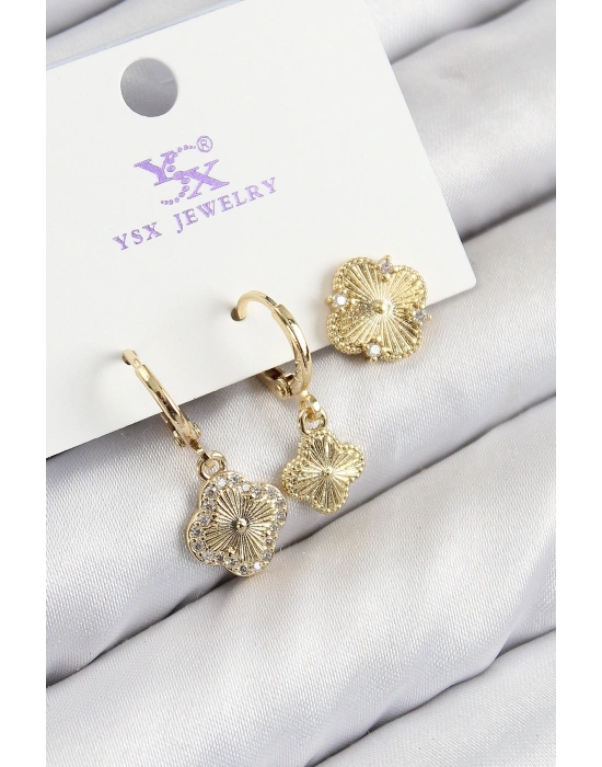 Pirinç Zirkon Taşlı 3lü Yonca Model Gold Renk Kadın Küpe