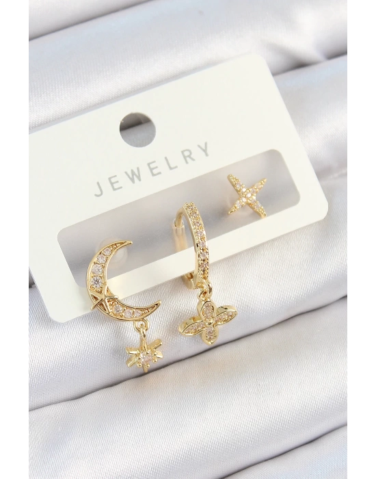 Pirinç Zirkon Taşlı Çiçek Ve Ay Model Gold Renk 3lü Çift Kadın Küpe Set