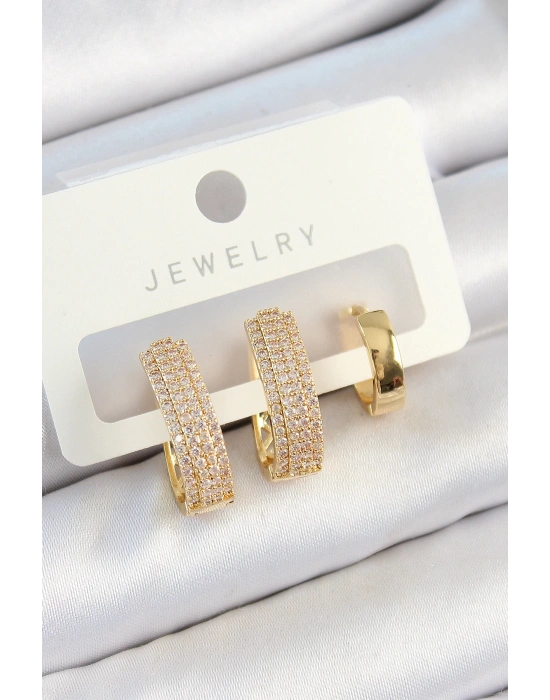 Pirinç Zirkon Taşlı Damla Model Gold Renk 3lü Çift Kadın Küpe Set