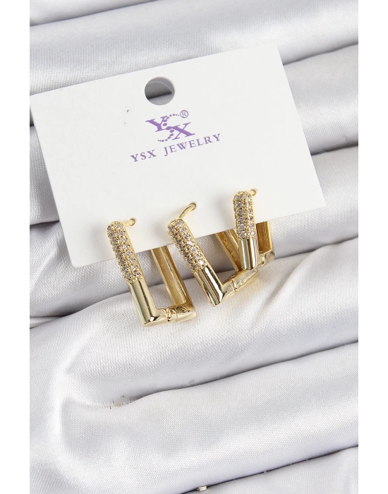 Pirinç Zİrkon Taşlı Dikdörtgen Model Gold Renk 3lü Kadın Küpe