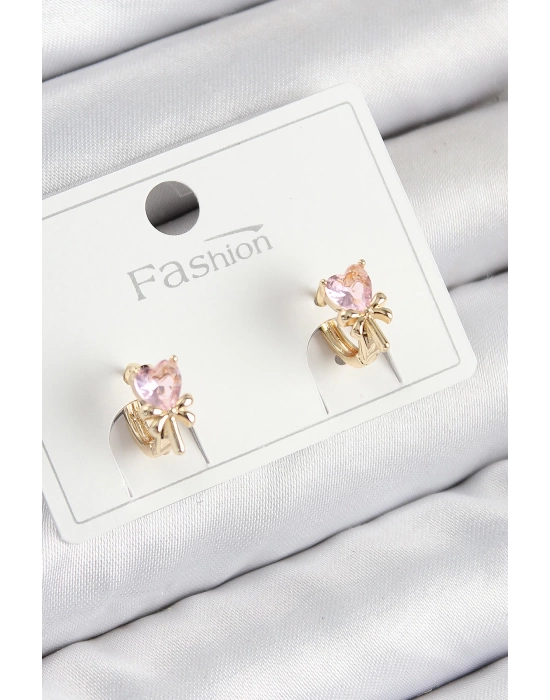 Pirinç Zirkon Taşlı Fiyonklu Kalp Model Gold Renk Çocuk Küpe