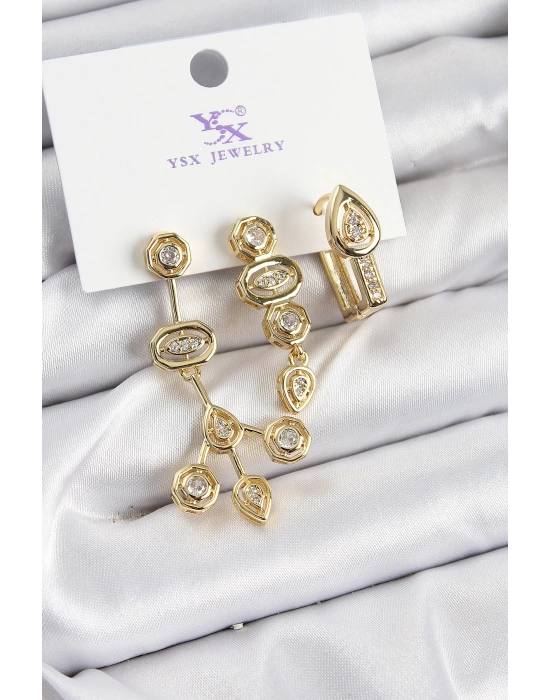 Pirinç Zİrkon Taşlı Geometrik Model Gold Renk 3lü Kadın Küpe