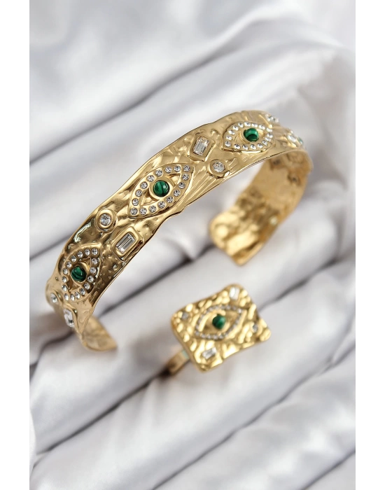 Pirinç Zirkon Taşlı Göz Model Gold Renk Bileklik Yüzük Set