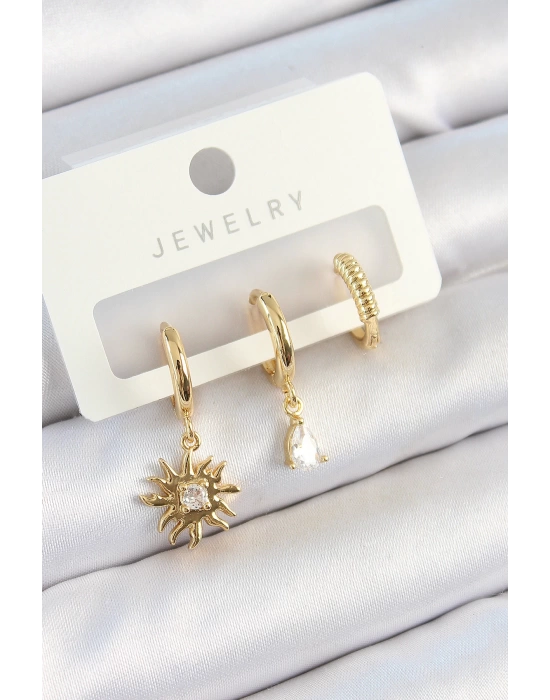 Pirinç Zirkon Taşlı Güneş Model Gold Renk 3lü Çift Kadın Küpe Set