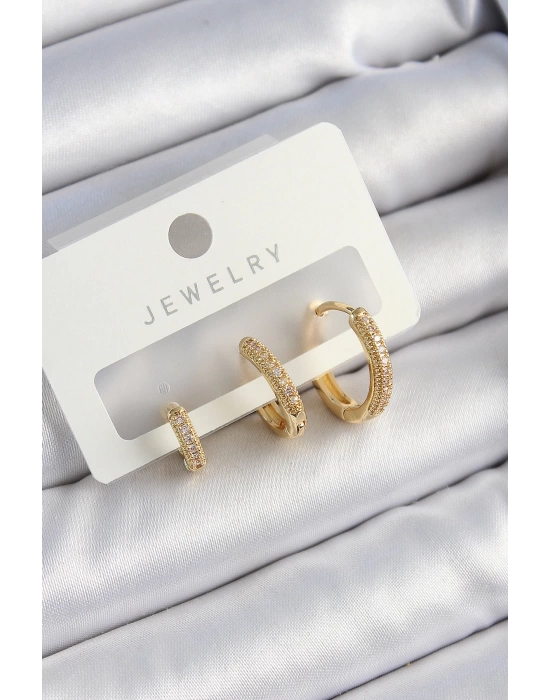 Pirinç Zirkon Taşlı Halka Model Gold Renk 3lü Çift Kadın Küpe Set