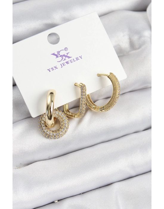 Pirinç Zİrkon Taşlı Halka Model Gold Renk 3lü Kadın Küpe