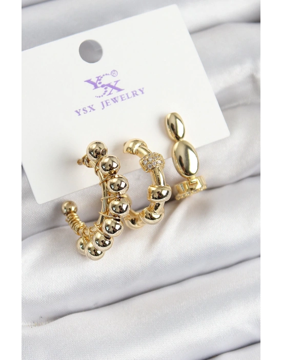 Pirinç Zİrkon Taşlı Halka Model Gold Renk 3lü Kadın Küpe