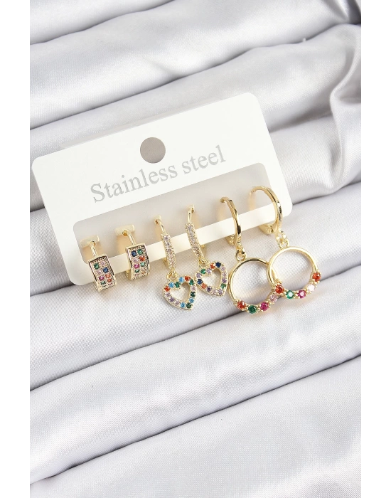 Pirinç Zirkon Taşlı Kalp Ve Halka Model Gold Renk 6lı Set Kadın Küpe