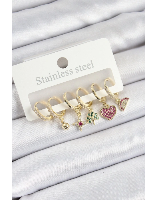 Pirinç Zirkon Taşlı Karpuz Yonca Kalp Pusula Karışık Model Gold Renk 6lı Set Kadın Küpe