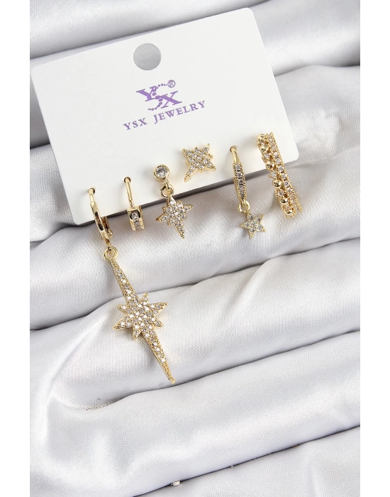 Pirinç Zİrkon Taşlı Kutup Yıldızı Model Gold Renk 3lü Çift Kadın Küpe