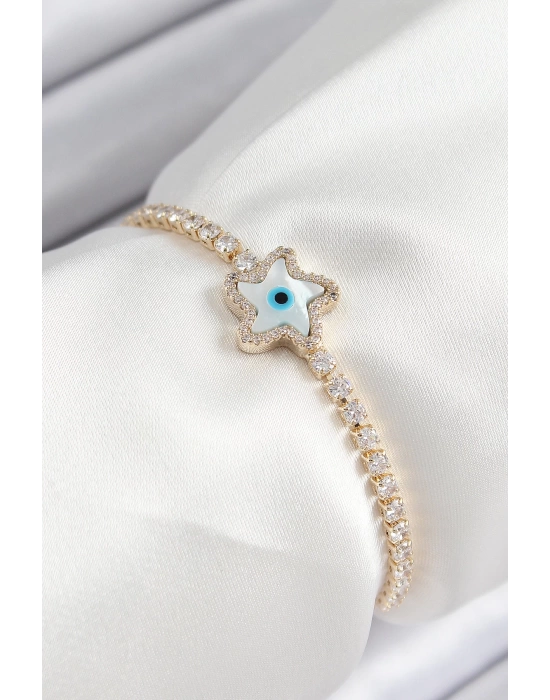 Pirinç Zirkon Taşlı Nazar Yıldız Model Gold Renk Asansörlü Kadın Bileklik
