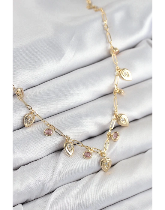 Pirinç Zirkon Taşlı Sallantılı Damla Model Gold Renk Kadın Kolye