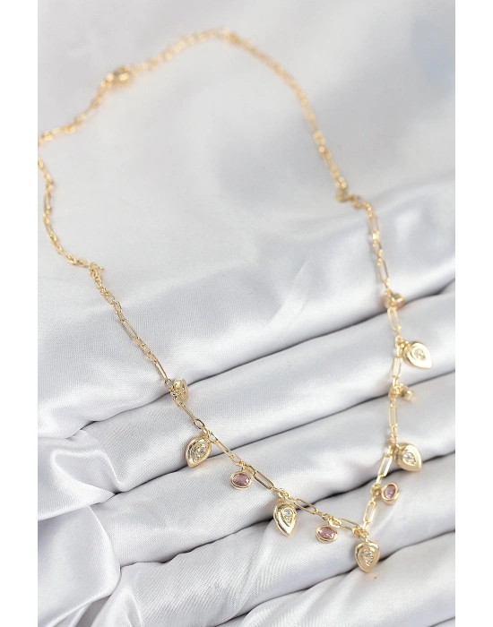 Pirinç Zirkon Taşlı Sallantılı Damla Model Gold Renk Kadın Kolye