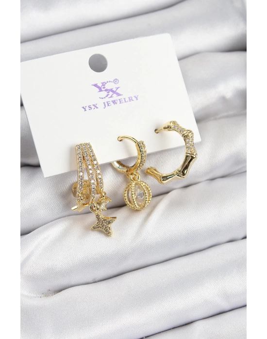 Pirinç Zİrkon Taşlı Sallantılı Yıldız Model Gold Renk 3lü Kadın Küpe