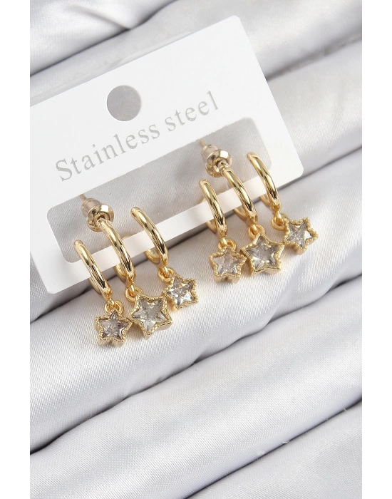 Pirinç Zirkon Taşlı Sallantılı Yıldız Model Gold Renk Kadın Küpe