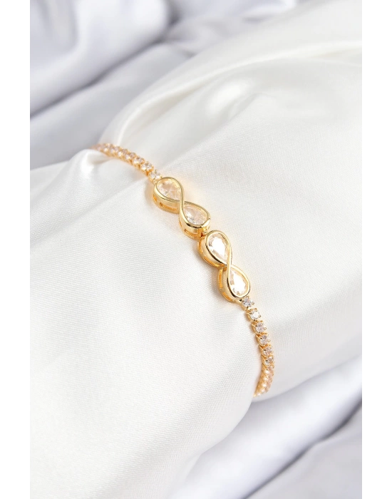 Pirinç Zirkon Taşlı Sonsuzluk Model Gold Renk Asansörlü Kadın Bileklik