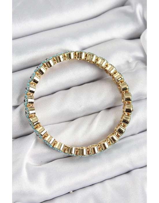 Pirinç Zirkon Taşlı Turkuaz Nazar Model Gold Renk Lastikli Kadın Bileklik