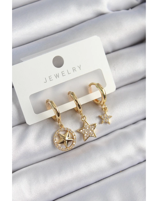 Pirinç Zirkon Taşlı Yıldız Model Gold Renk 3lü Çift Kadın Küpe Set