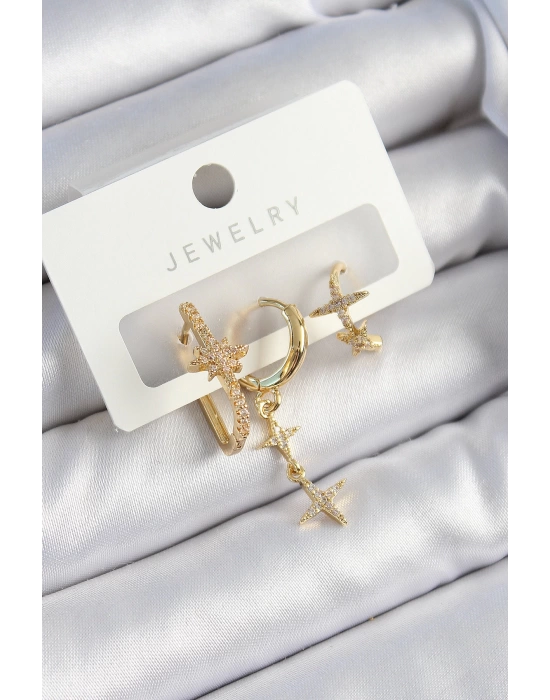 Pirinç Zirkon Taşlı Yıldız Model Gold Renk 3lü Çift Kadın Küpe Set