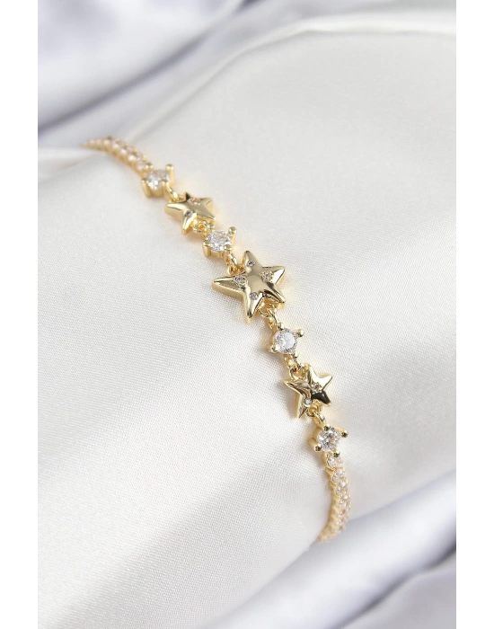 Pirinç Zirkon Taşlı Yıldız Model Gold Renk Kadın Bileklik