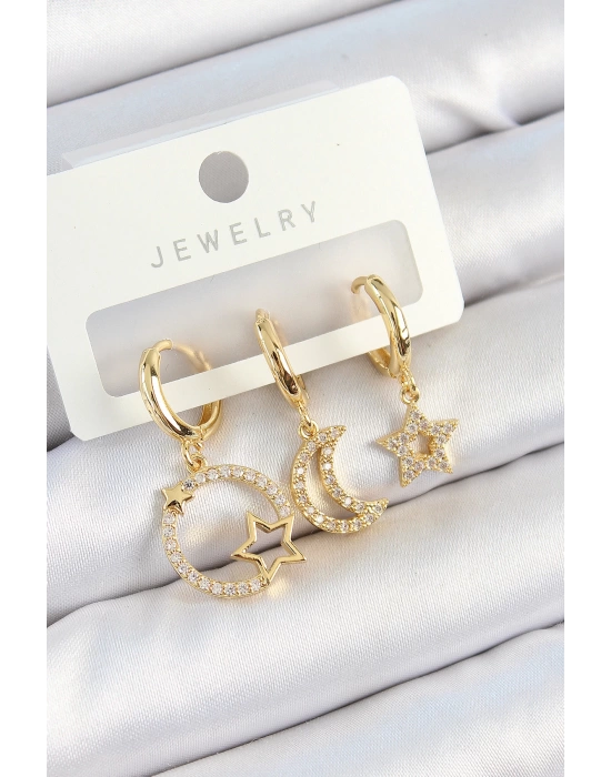 Pirinç Zirkon Taşlı Yıldız Ve Ay Model Gold Renk 3lü Çift Kadın Küpe Set