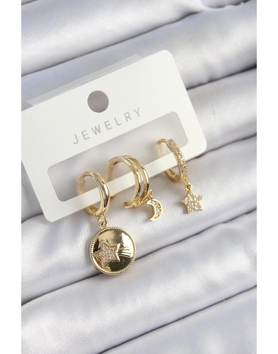 Pirinç Zirkon Taşlı Yıldız Ve Ay Model Gold Renk 3lü Çift Kadın Küpe Set