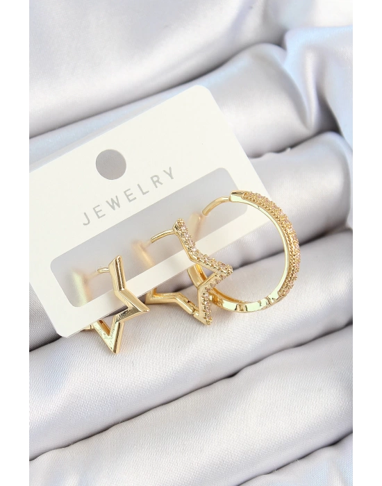 Pirinç Zirkon Taşlı Yıldız Ve Halka Model Gold Renk 3lü Çift Kadın Küpe Set