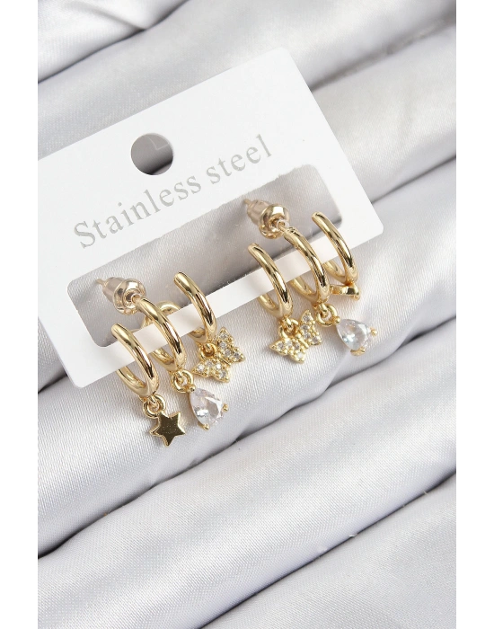 Pirinç Zirkon Taşlı Yıldız Ve Kelebek Model Gold Renk Kadın Küpe