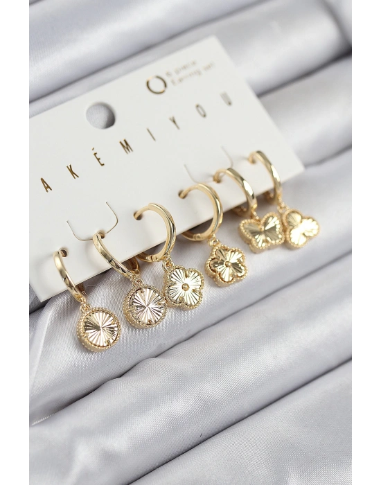Pirinç Zirkon Taşlı Yonca Model Gold Renk 6lı Küpe Set