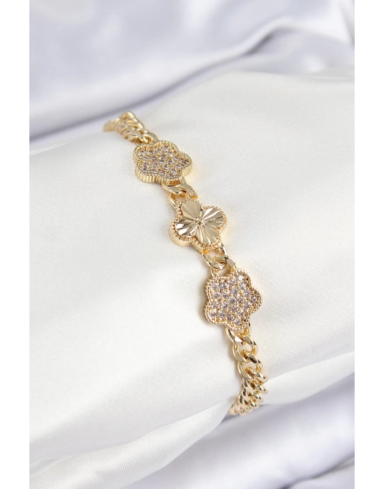 Pirinç Zirkon Taşlı Yonca Model Gold Renk Kadın Bileklik