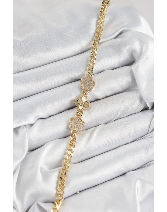 Pirinç Zirkon Taşlı Yonca Model Gold Renk Kadın Bileklik