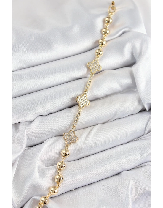 Pirinç Zirkon Taşlı Yonca Model Gold Renk Kadın Bileklik