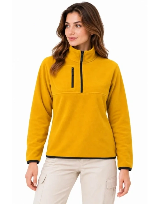 Polar Dik Yaka Yarım Fermuarlı Fermuarlı Göğüs Cepli Regular Fit Kışlık Sweatshirt - Hardal Sarısı