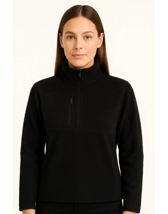 Polar Kazak – Dik Yaka, Yarım Fermuarlı, Fermuarlı Göğüs Cepli, Siyah Biyeli, Kışlık Rahat Regular Fit Günlük Model - Siyah