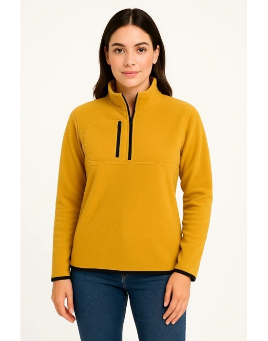 Polar Kazak – Dik Yaka, Yarım Fermuarlı, Fermuarlı Göğüs Cepli, Siyah Biyeli, Kışlık Rahat Regular Fit Günlük Model - Sarı