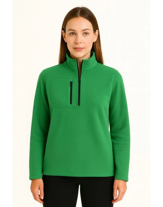 Polar Kazak – Dik Yaka, Yarım Fermuarlı, Fermuarlı Göğüs Cepli, Siyah Biyeli, Kışlık Rahat Regular Fit Günlük Model - Yeşil