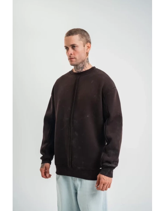 POLIZEI Premium Kalite Bisiklet Yaka Yıkamalı SweatShirt - Kahverengi