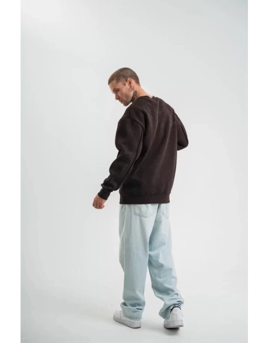 POLIZEI Premium Kalite Bisiklet Yaka Yıkamalı SweatShirt - Kahverengi