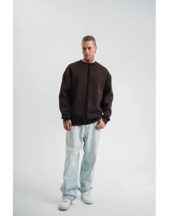 POLIZEI Premium Kalite Bisiklet Yaka Yıkamalı SweatShirt - Kahverengi