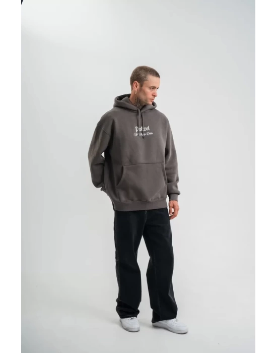 POLIZEI Premium Kalite Kapşonlu Dijital Patchli SweatShirt - Füme