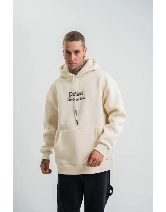 POLIZEI Premium Kalite Kapşonlu Dijital Patchli SweatShirt - Krem