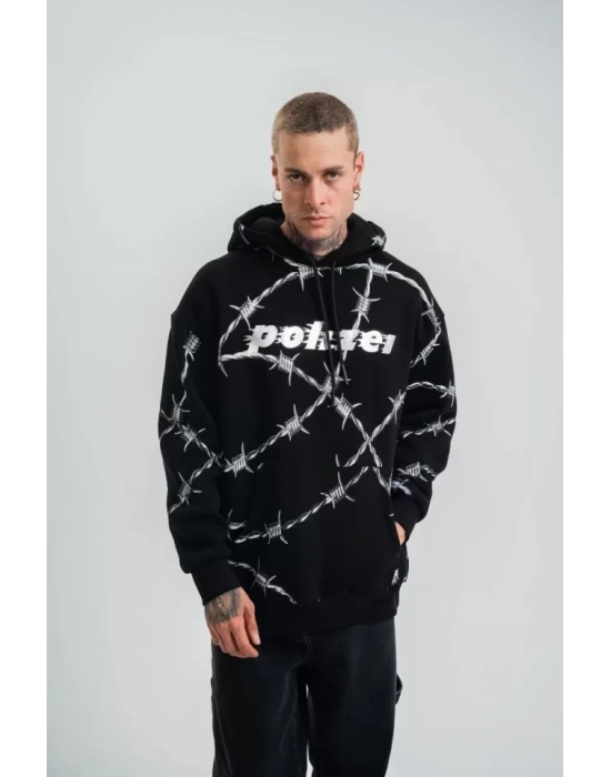 POLIZEI Premium Kalite Kapşonlu Varak Ve Pano Baskılı SweatShirt - Siyah