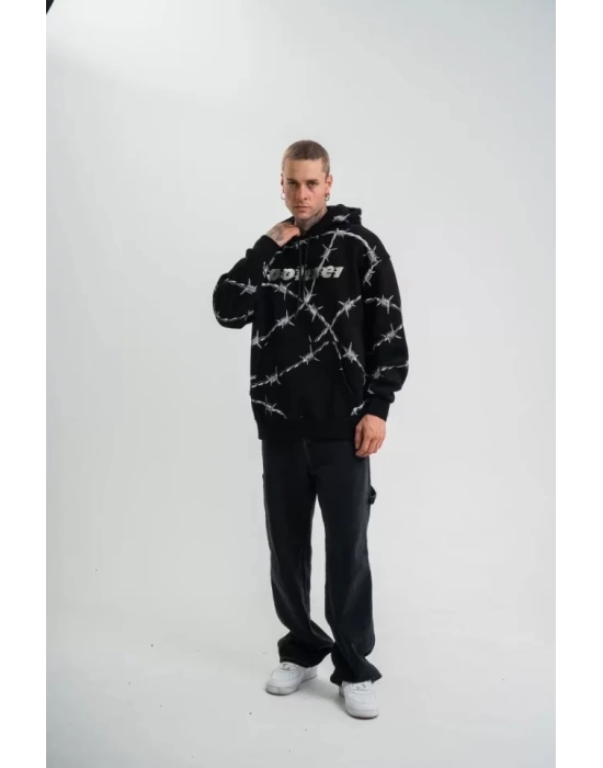POLIZEI Premium Kalite Kapşonlu Varak Ve Pano Baskılı SweatShirt - Siyah