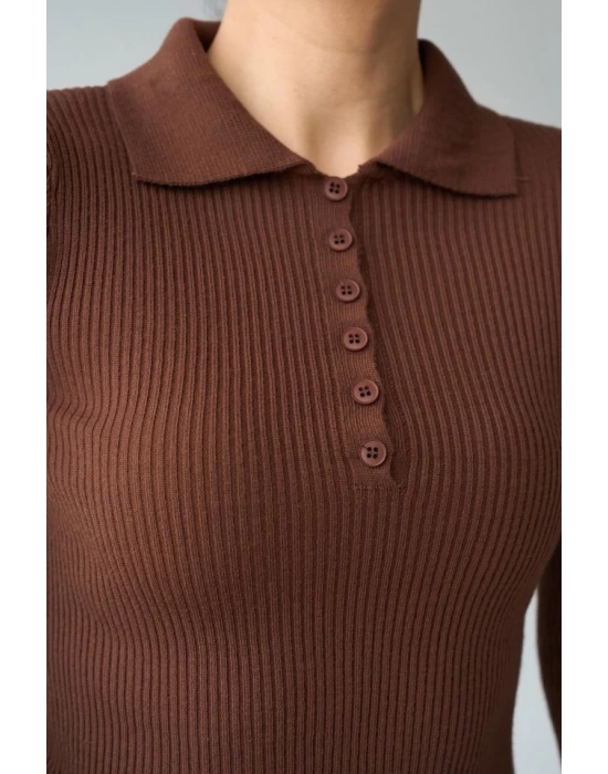 Polo Yaka 6 Düğmeli Kazak - KAHVE