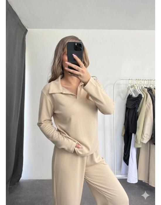 Polo yaka alt üst kollu modal takım bej pt