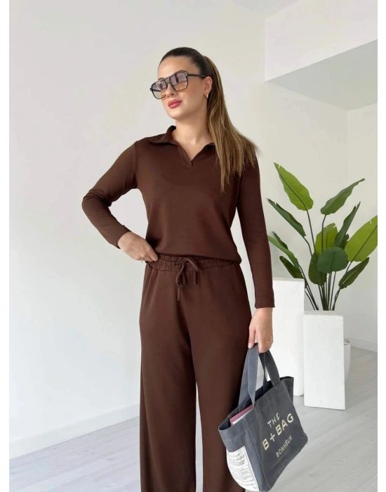 Polo yaka alt üst kollu modal takım kahve pt