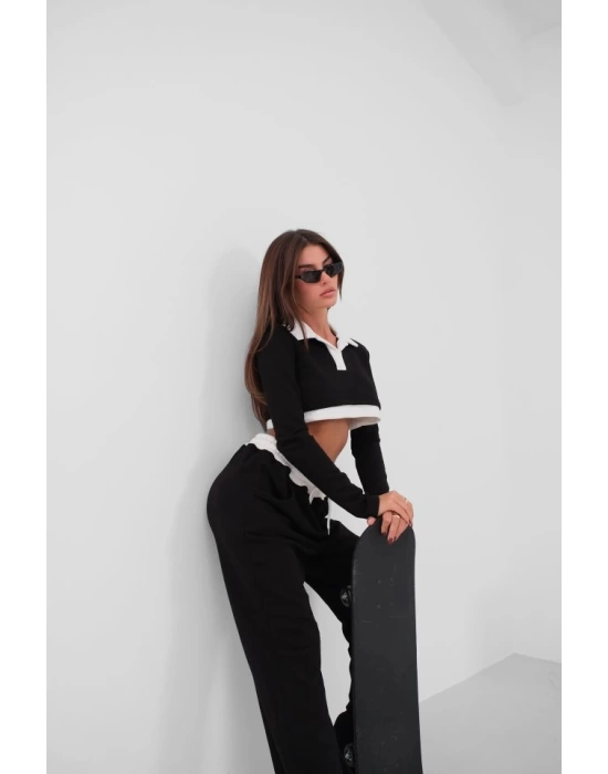 Polo Yaka Garnili Crop Sweatshirt